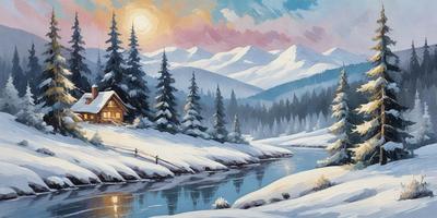 The primary subject of the image is a snow-covered cabin situated in a picturesque mountain setting. The cabin is surrounded by snow-covered trees, creating a serene and peaceful atmosphere. The visual style of the image is a painting, which adds a sense of artistic expression and beauty to the scene. The dominant colors in the painting are shades of white and gray, which convey the cold and snowy environment. The overall mood of the image is tranquil and inviting, as it showcases the beauty of